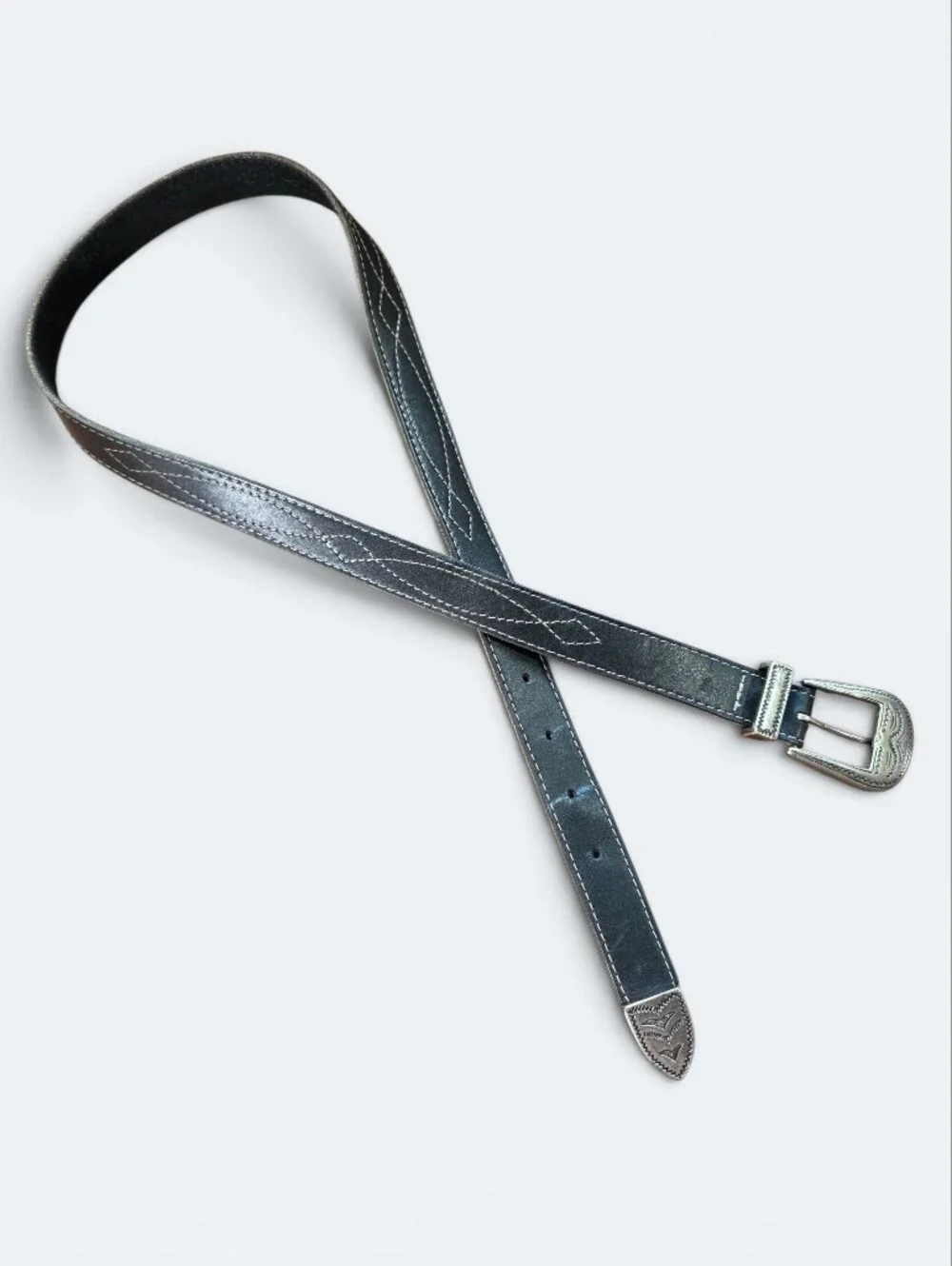 Vintage Western Black Leather Belt Gunslinger Stitch Etched Silver Hardware
